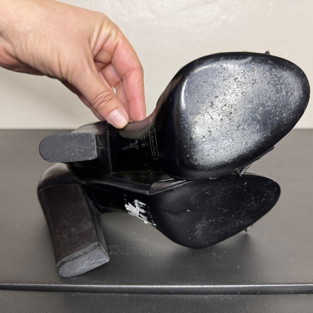 Coach Black Leather Peep-Toe Heels, Ankle Tie, 3.5" Block Heel, Size 6B - Picture 7 of 9